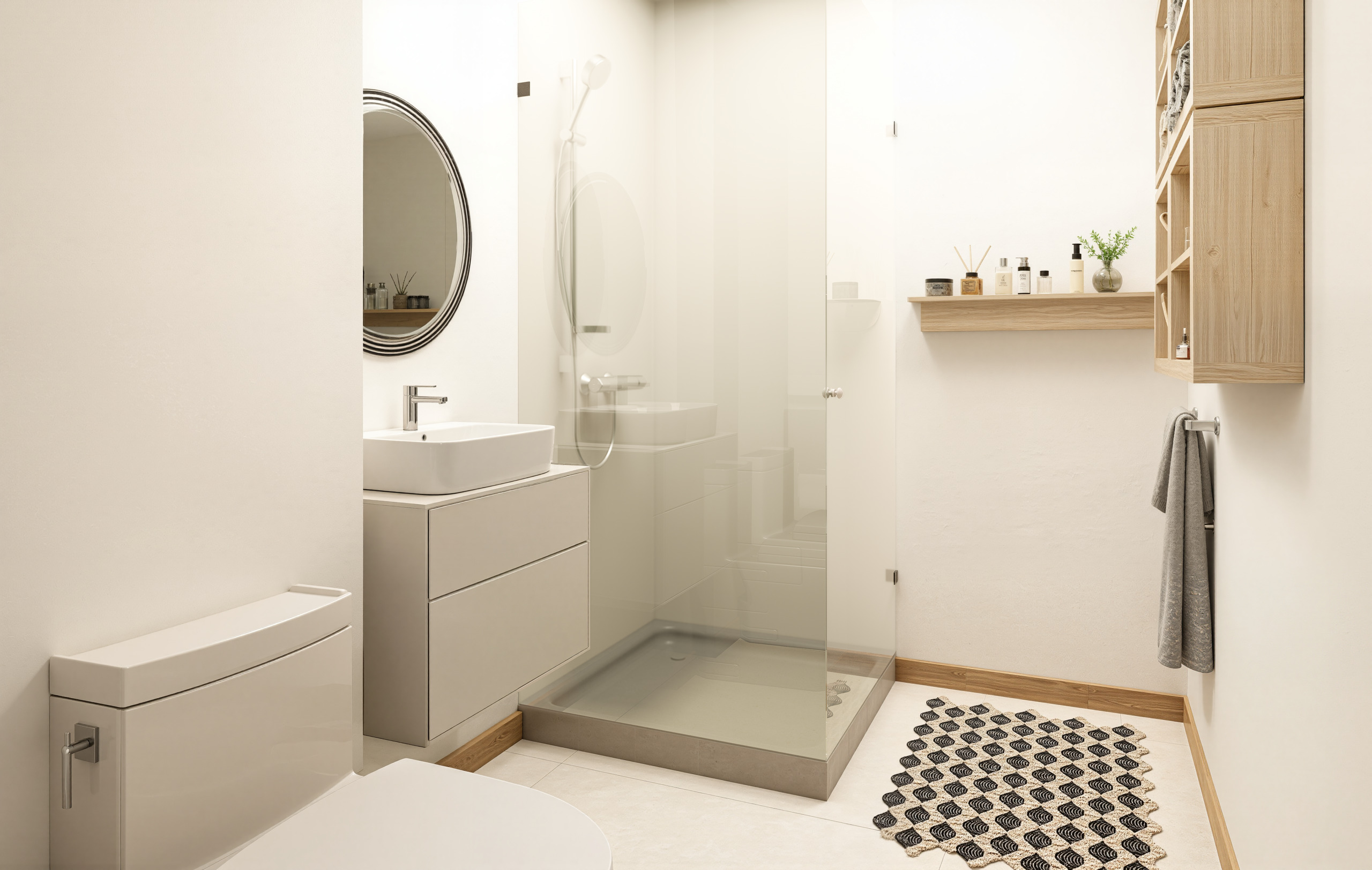 Modernes Badezimmer mit Dusche und Badmöbeln
