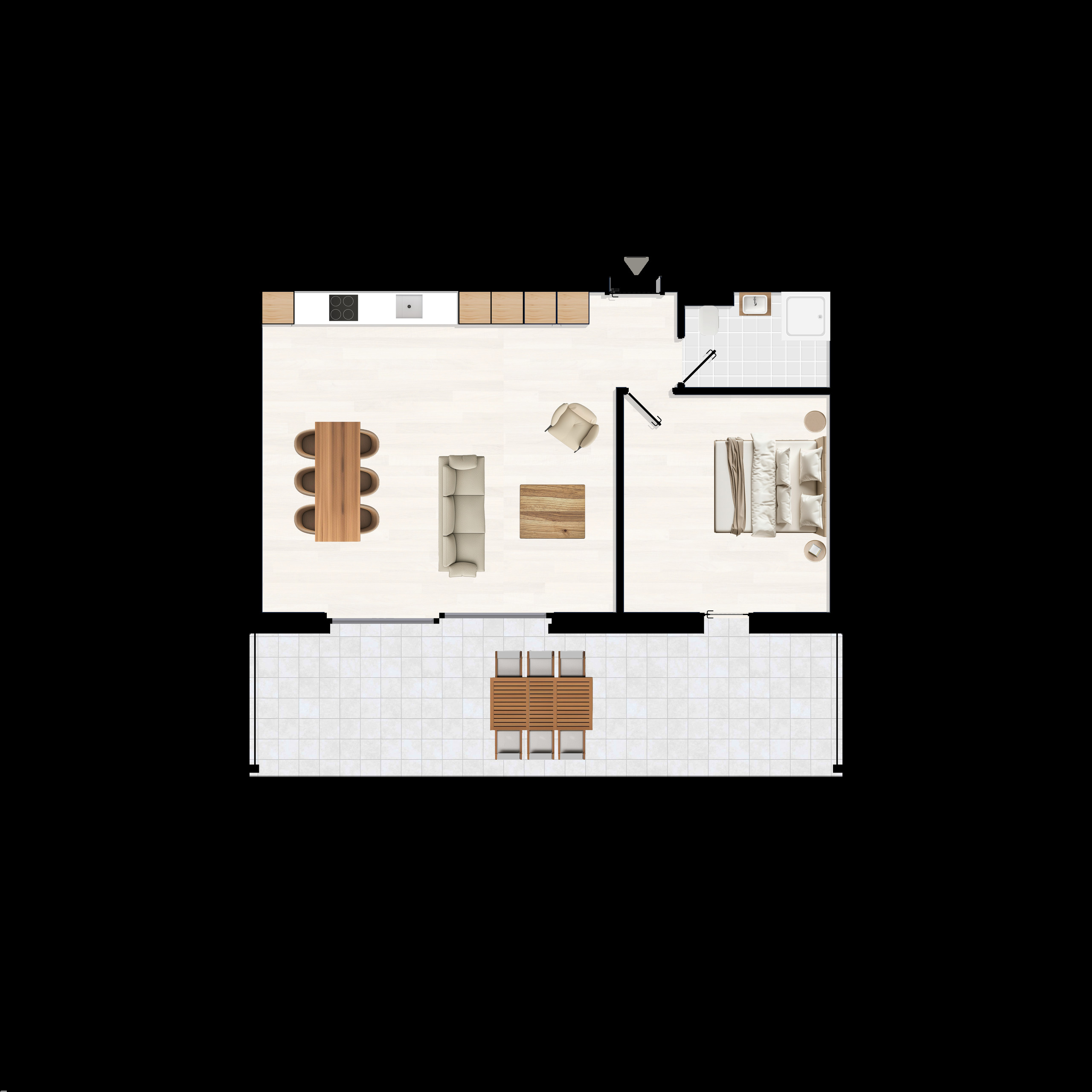 Grundriss einer Wohnung mit Wohn-Essbereich, Küche, Schlafzimmer, Bad und Balkon/Terrasse