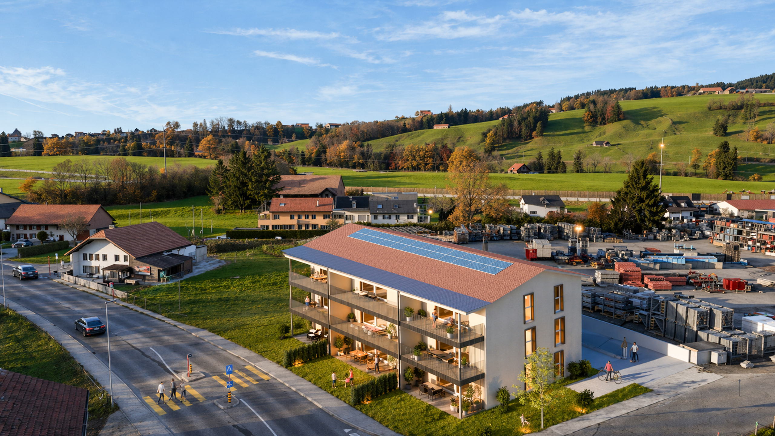 Luftaufnahme eines Wohngebäudes mit Solardach