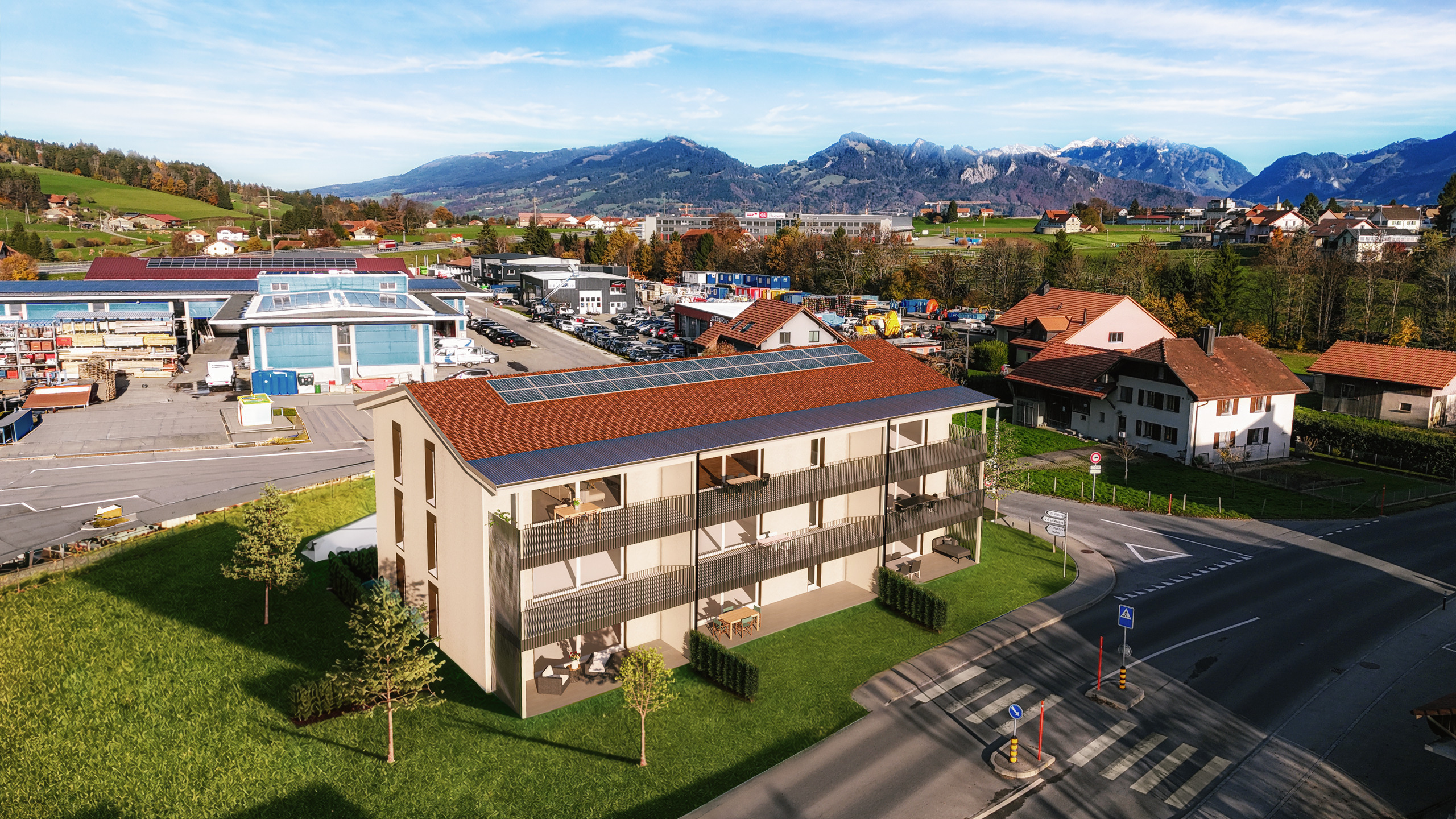Moderne Wohnanlage mit Bergblick