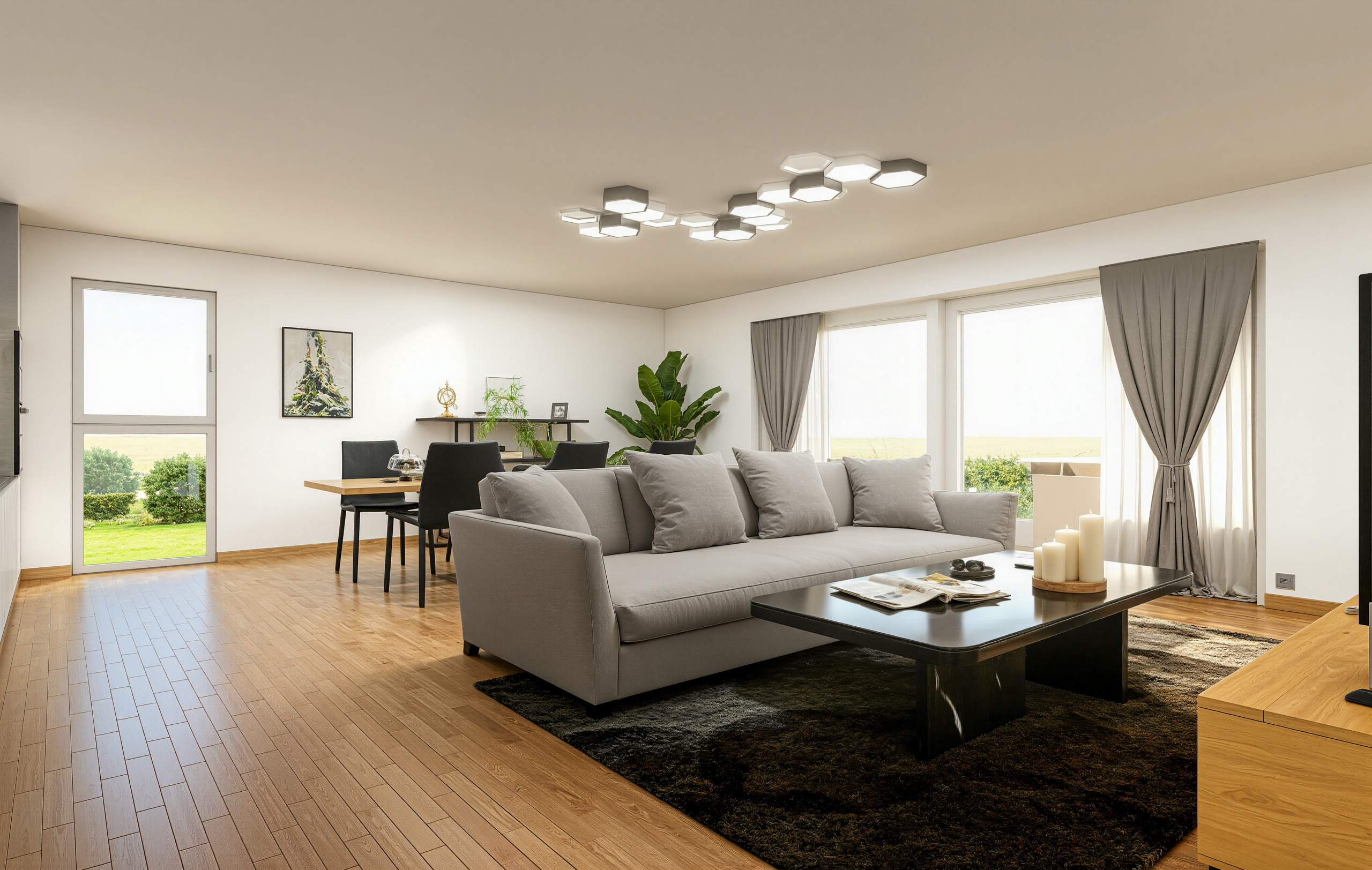 Offener Wohn- und Essbereich mit modernem Staging