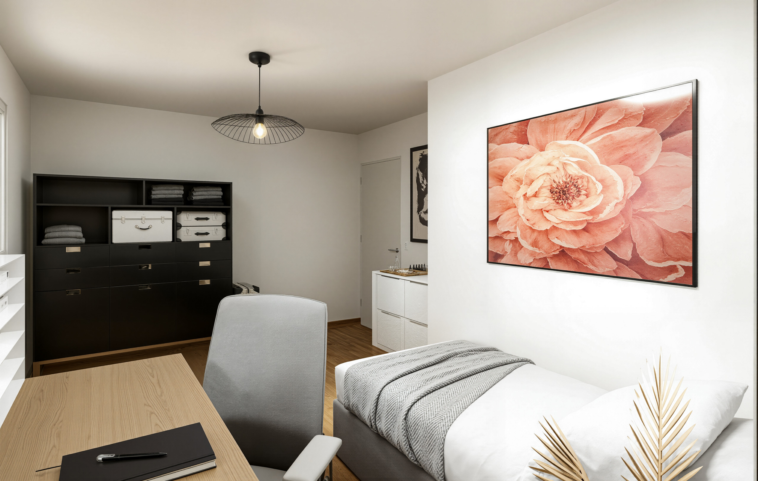 Helles, modern eingerichtetes Schlafzimmer mit Arbeitsplatz