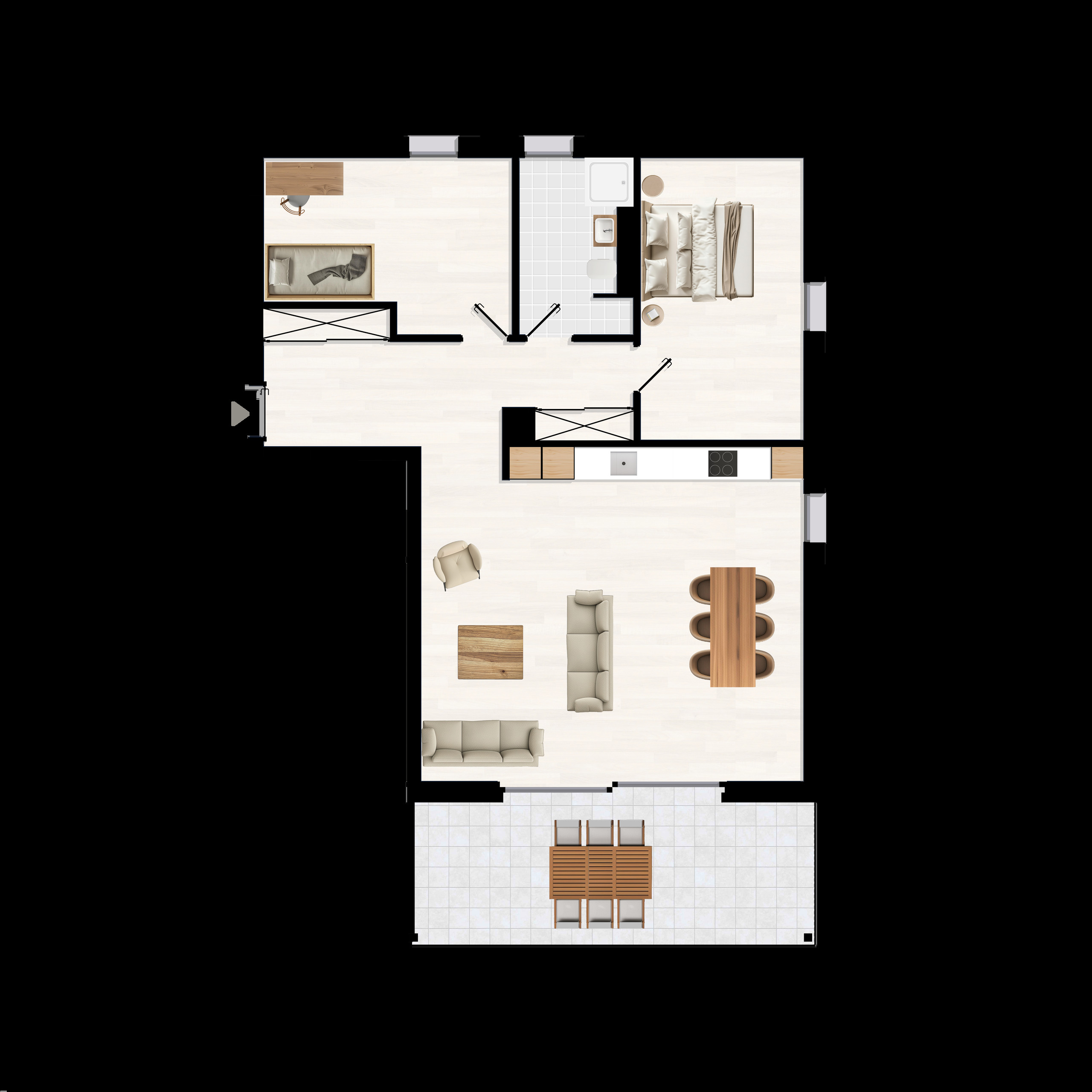 Grundriss einer Wohnung mit Wohn-, Schlaf- und Balkonbereich