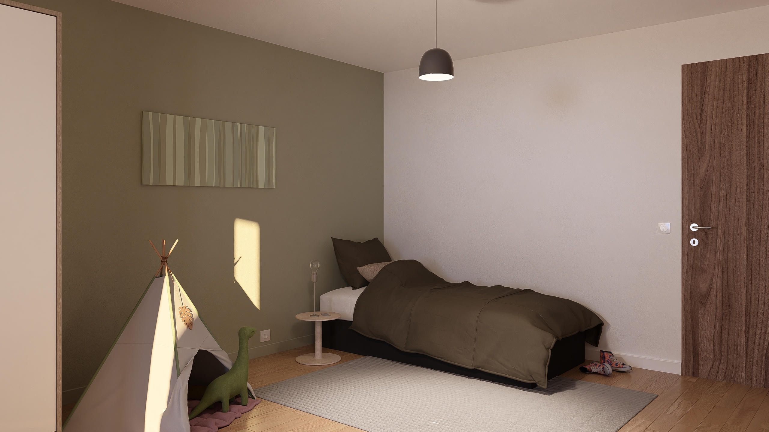 Kinderzimmer mit Einzelbett und Spielbereich