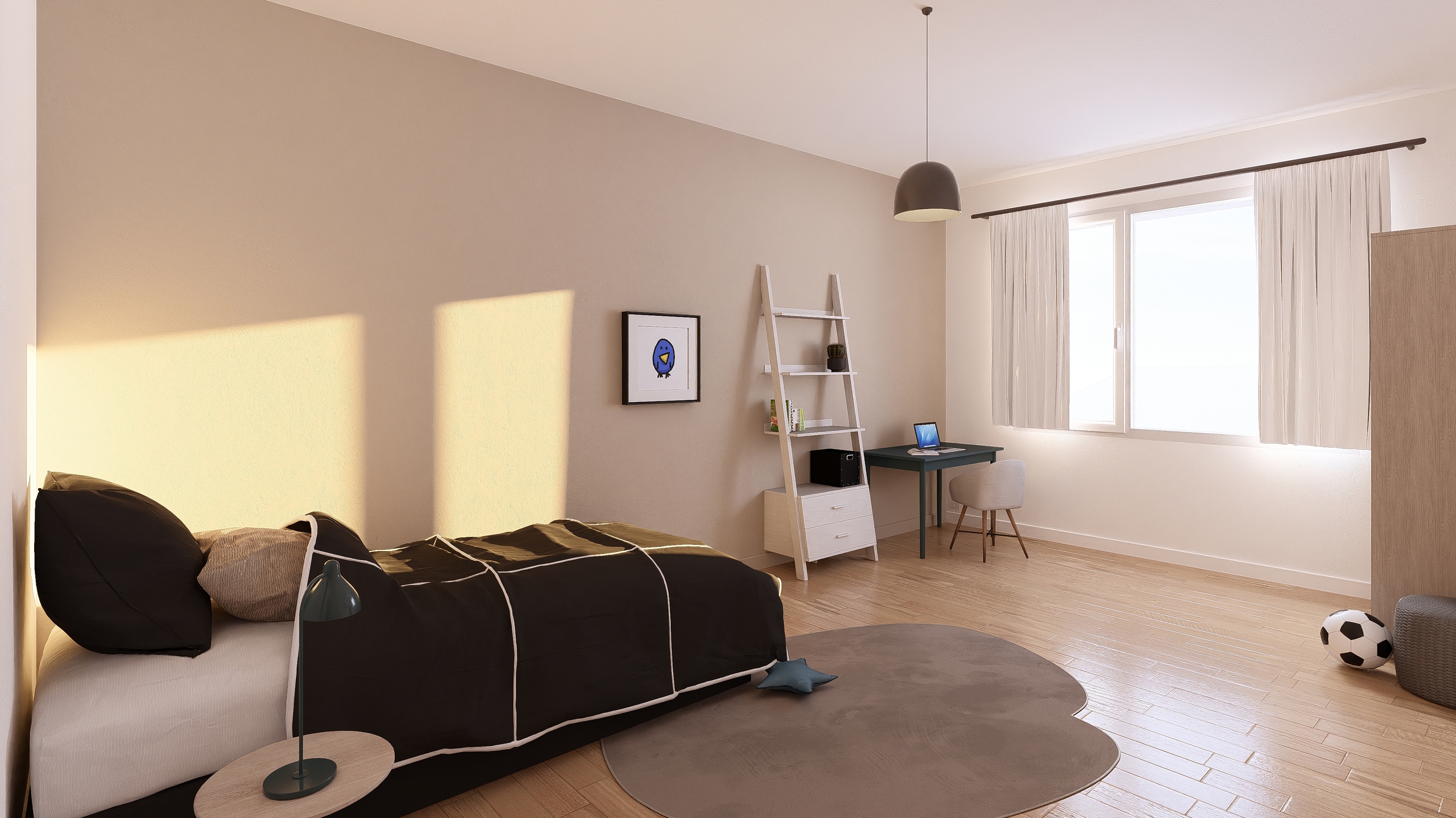 Helles Schlafzimmer mit Arbeitsbereich