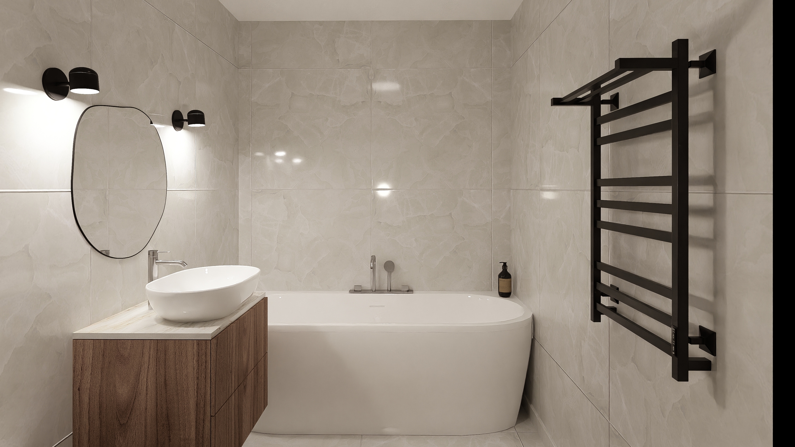 Modernes Badezimmer mit freistehender Wanne und Waschtisch