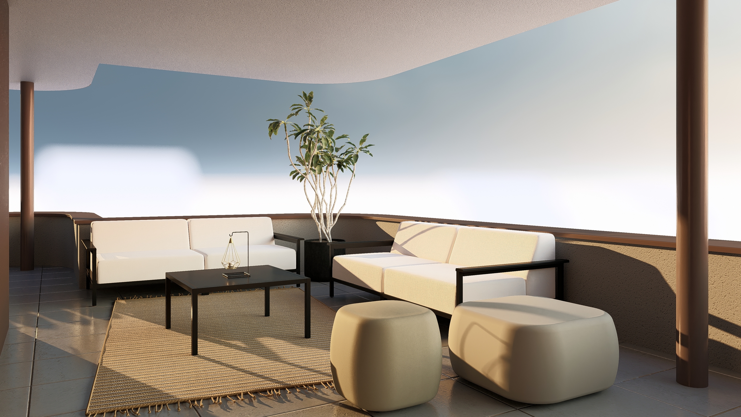 Überdachte Dachterrasse mit Lounge-Möbeln
