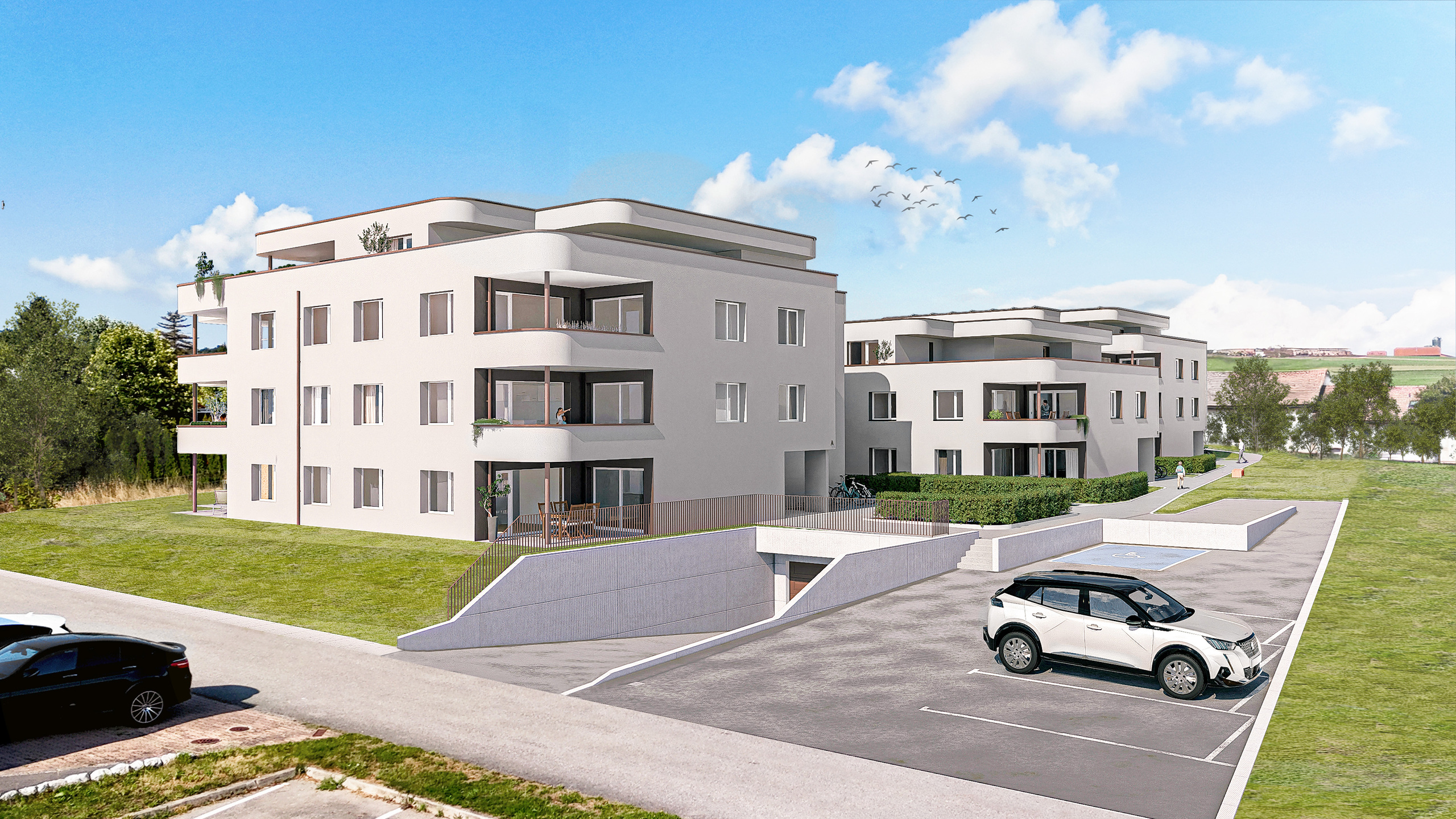 Moderne Wohnanlage mit Tiefgarage und Stellplätzen