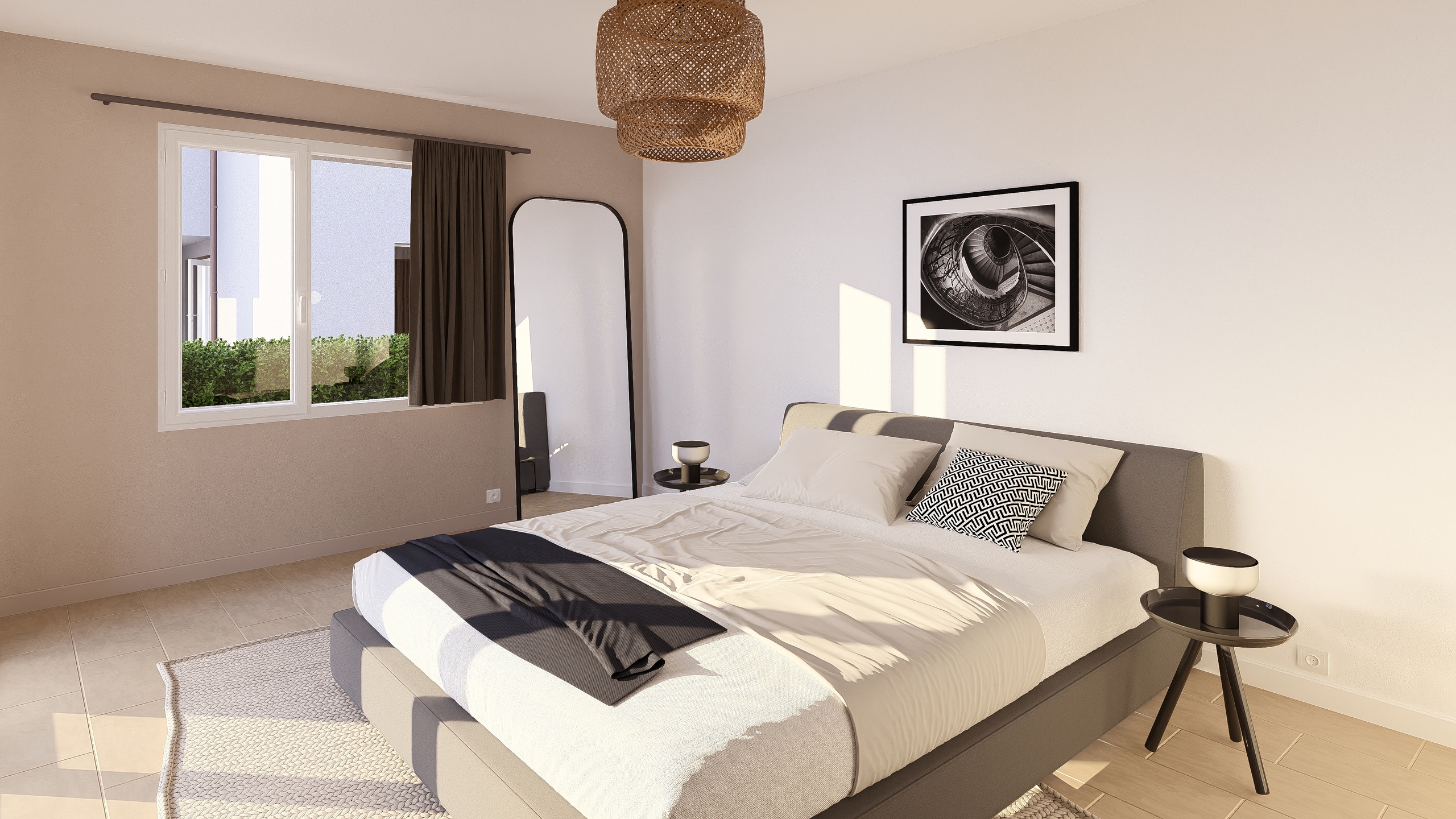 Helles, modern eingerichtetes Schlafzimmer