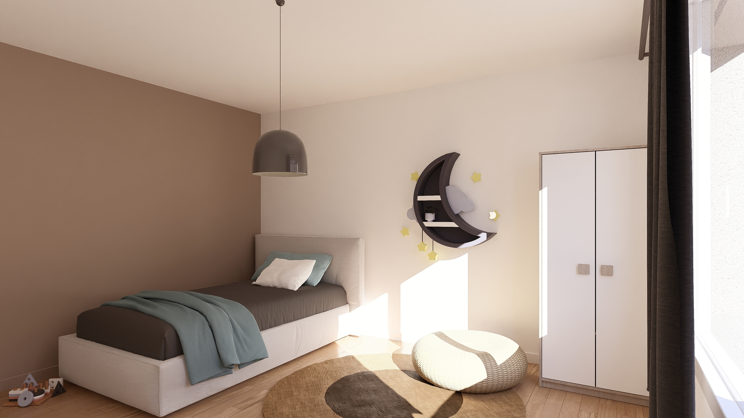 Kinderzimmer mit Bett und Stauraum
