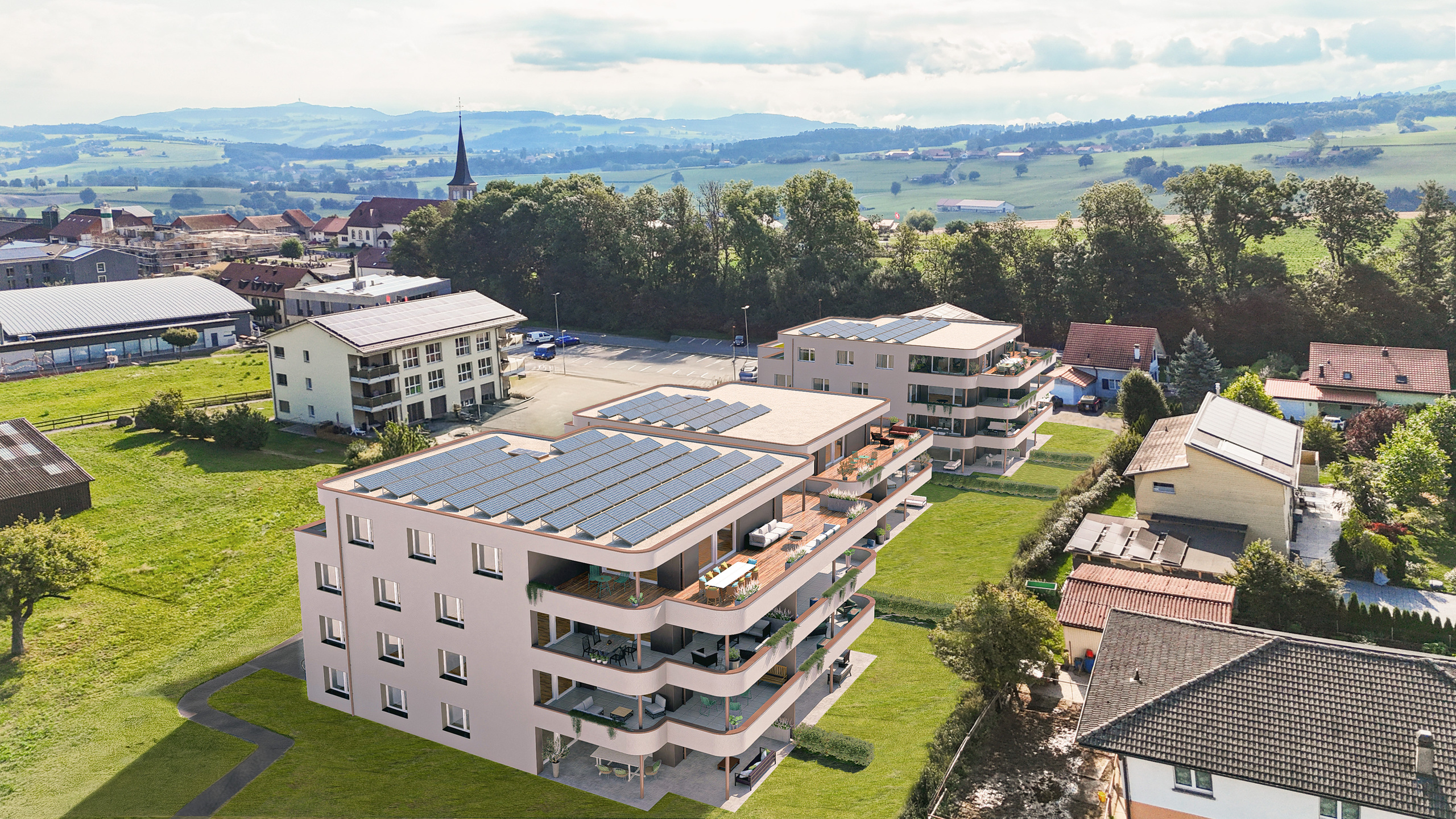 Luftaufnahme eines modernen Wohnkomplexes im Grünen