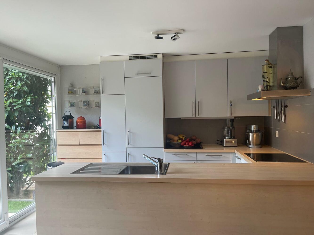Moderne Küche mit Insel und Gartenzugang