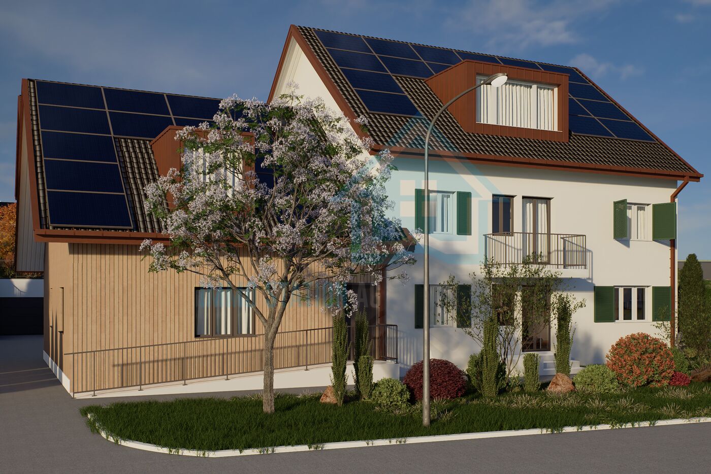 Außenansicht eines Hauses mit Solardach