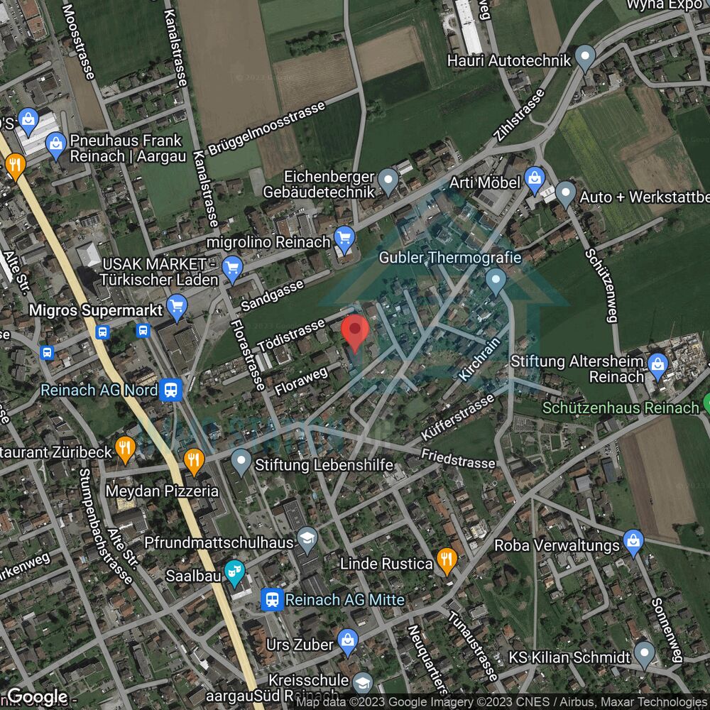 Satellitenkarte eines Wohn- und Gewerbegebiets in Reinach AG