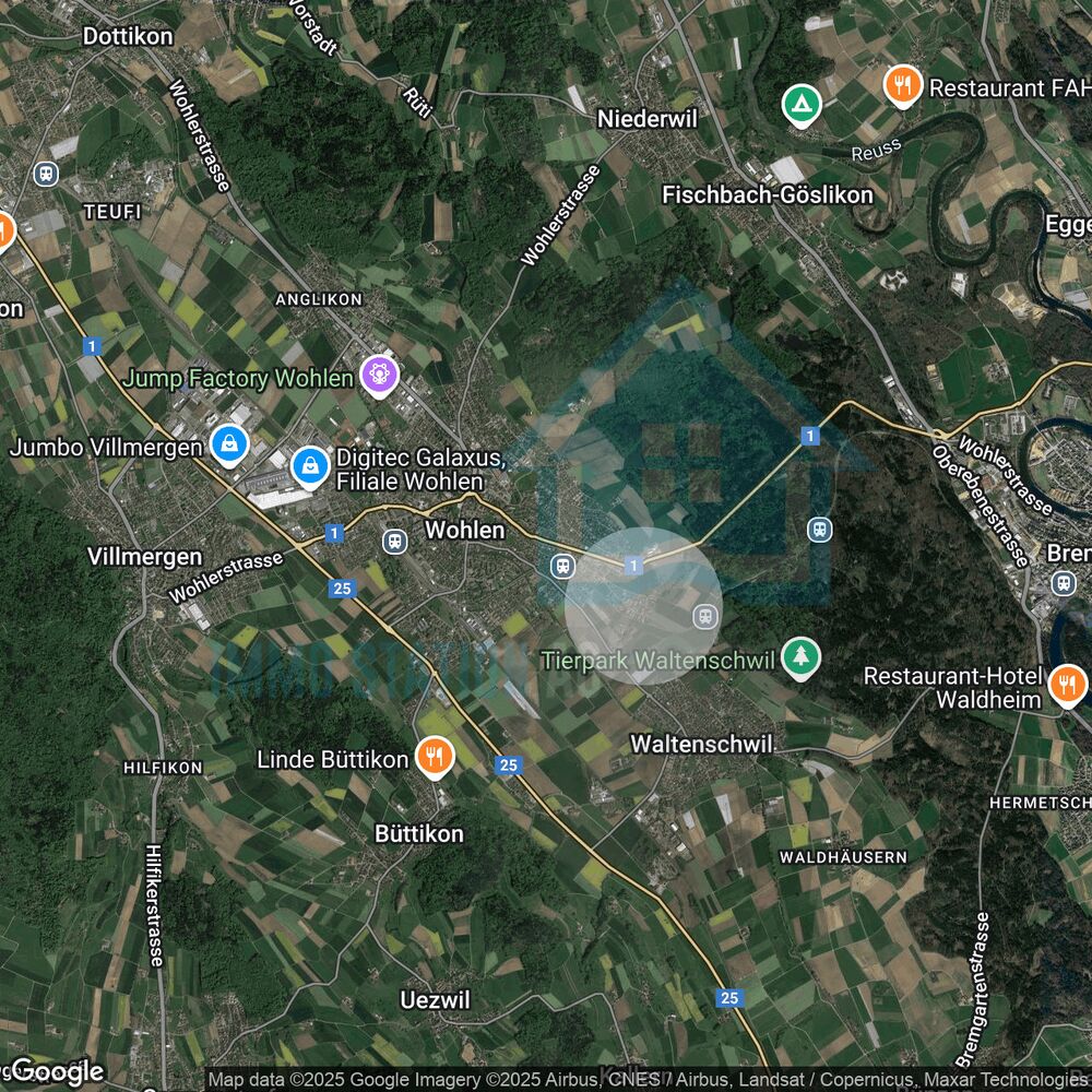 Satellitenkarte einer ländlichen Region mit Orten und Straßen
