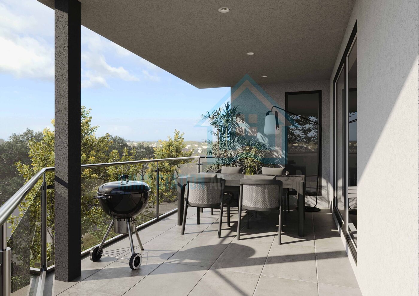 Balkon mit Sitzgruppe und Grill