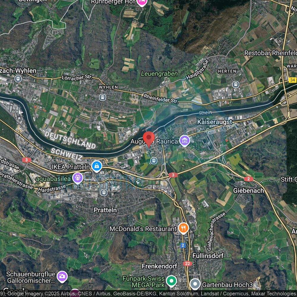 Satellitenkarte einer Grenzregion am Rhein mit markierter Position