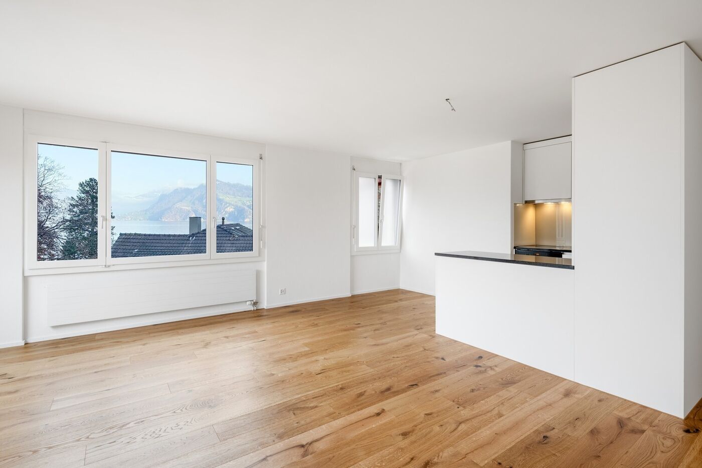 Heller Wohnraum mit Bergblick und offener Küche