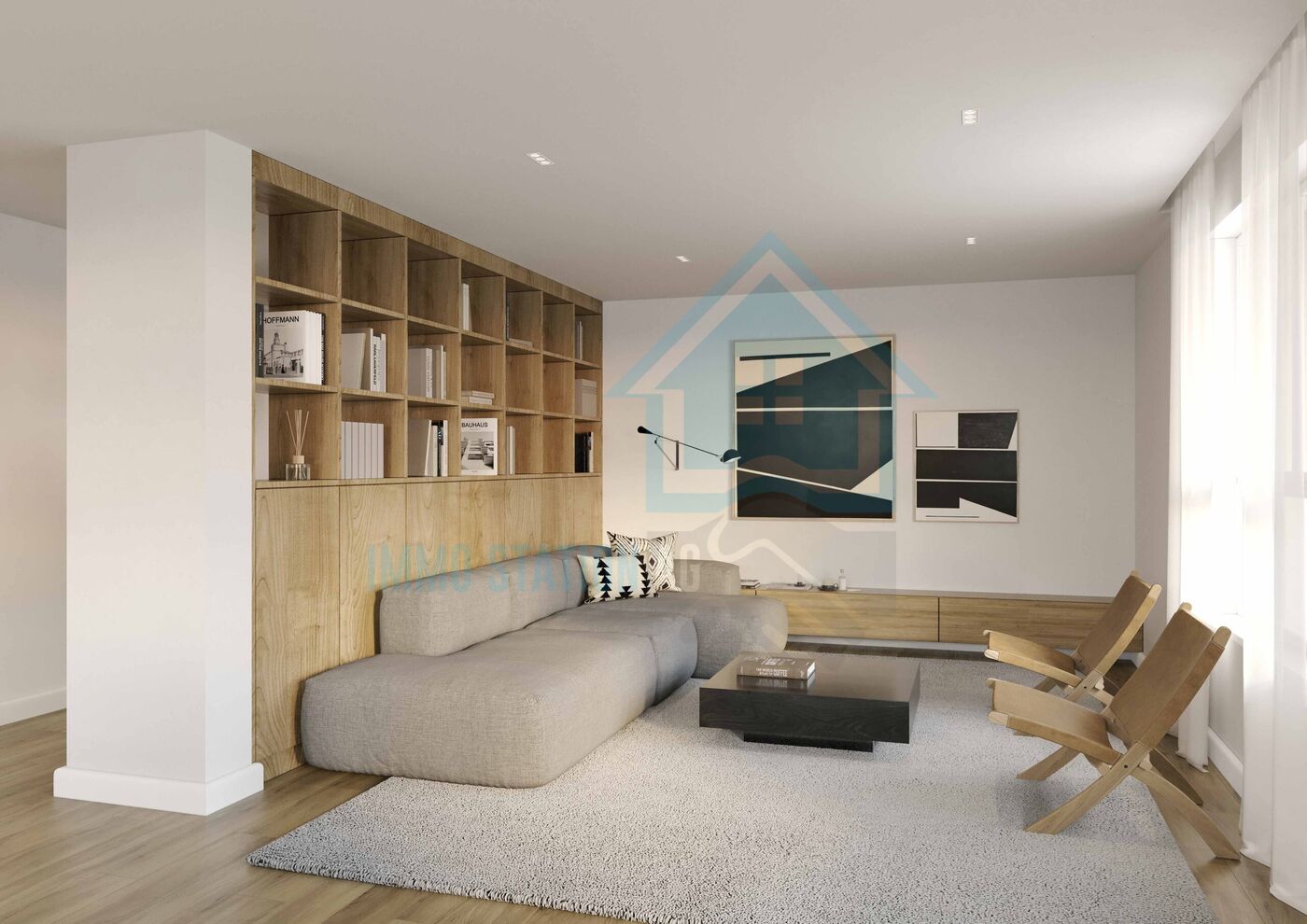 Modernes Wohnzimmer mit Holzregal und Sofa