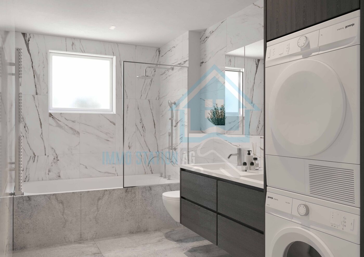 Modernes Badezimmer mit Waschtisch und Waschturm