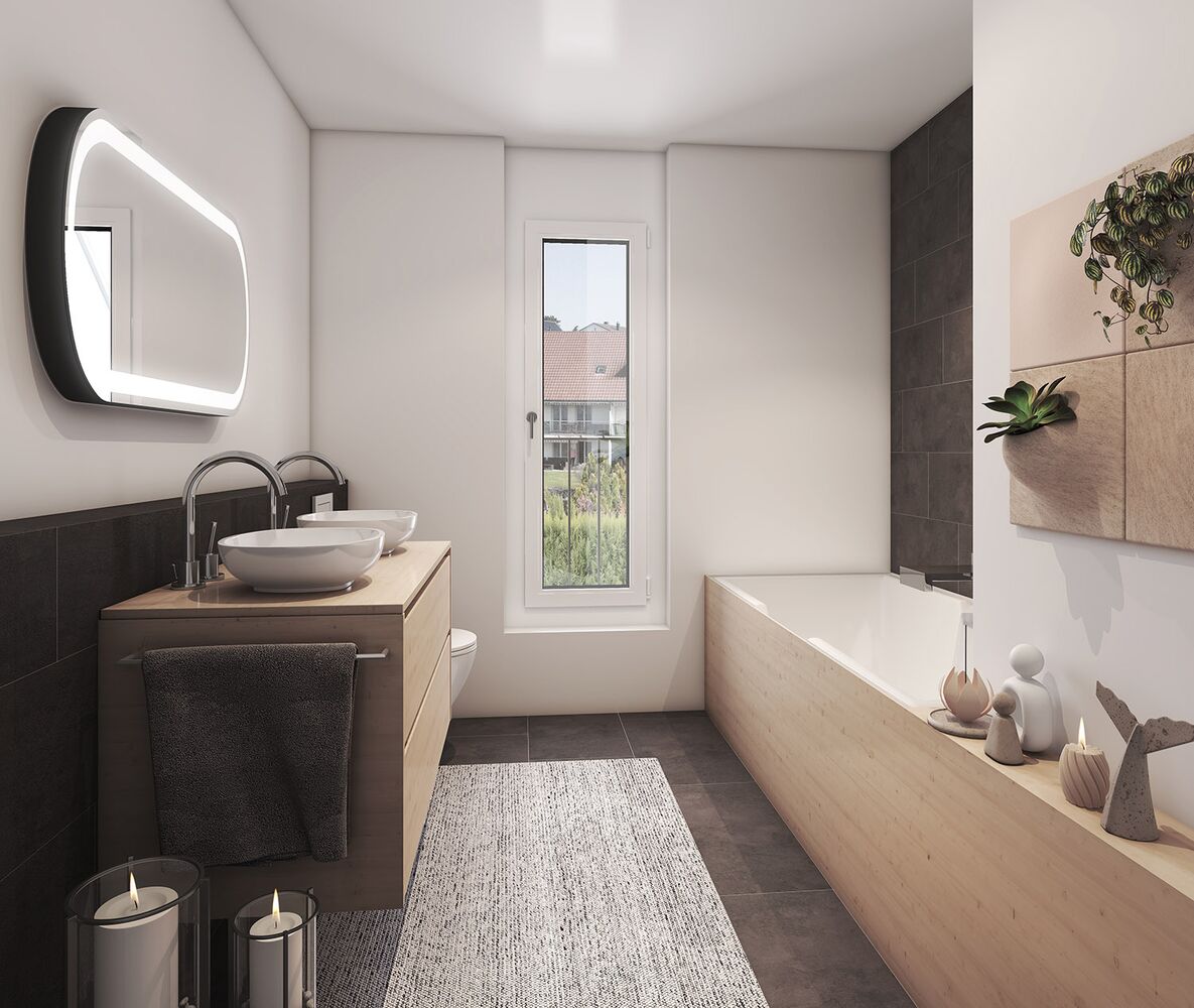 Modernes Badezimmer mit Naturholz und Badewanne
