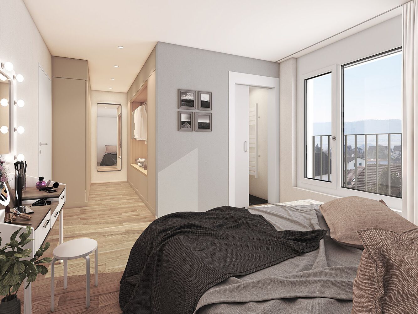 Helles Schlafzimmer mit Ankleidebereich und Balkonblick