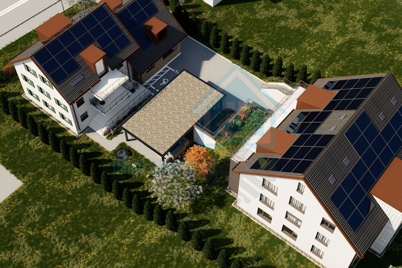 Luftaufnahme eines Wohnensembles mit Solardächern