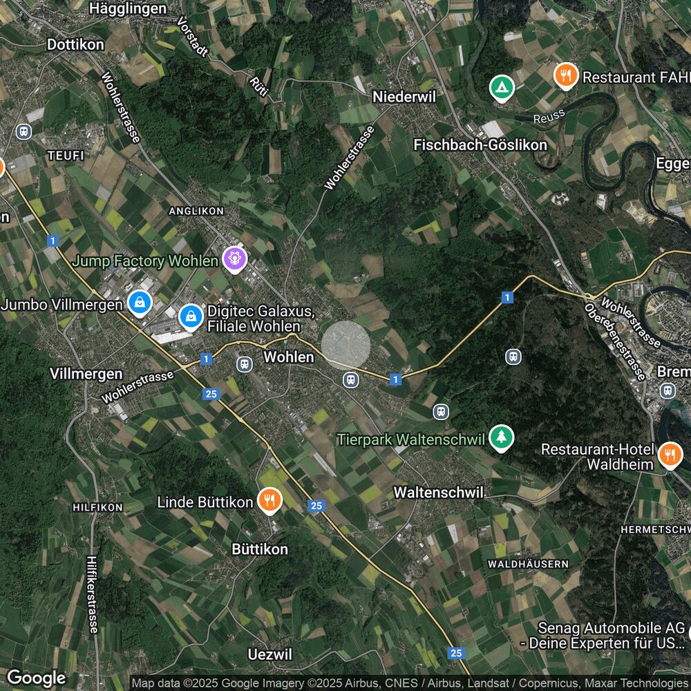 Satellitenkarte einer ländlich-städtischen Umgebung in der Region Wohlen