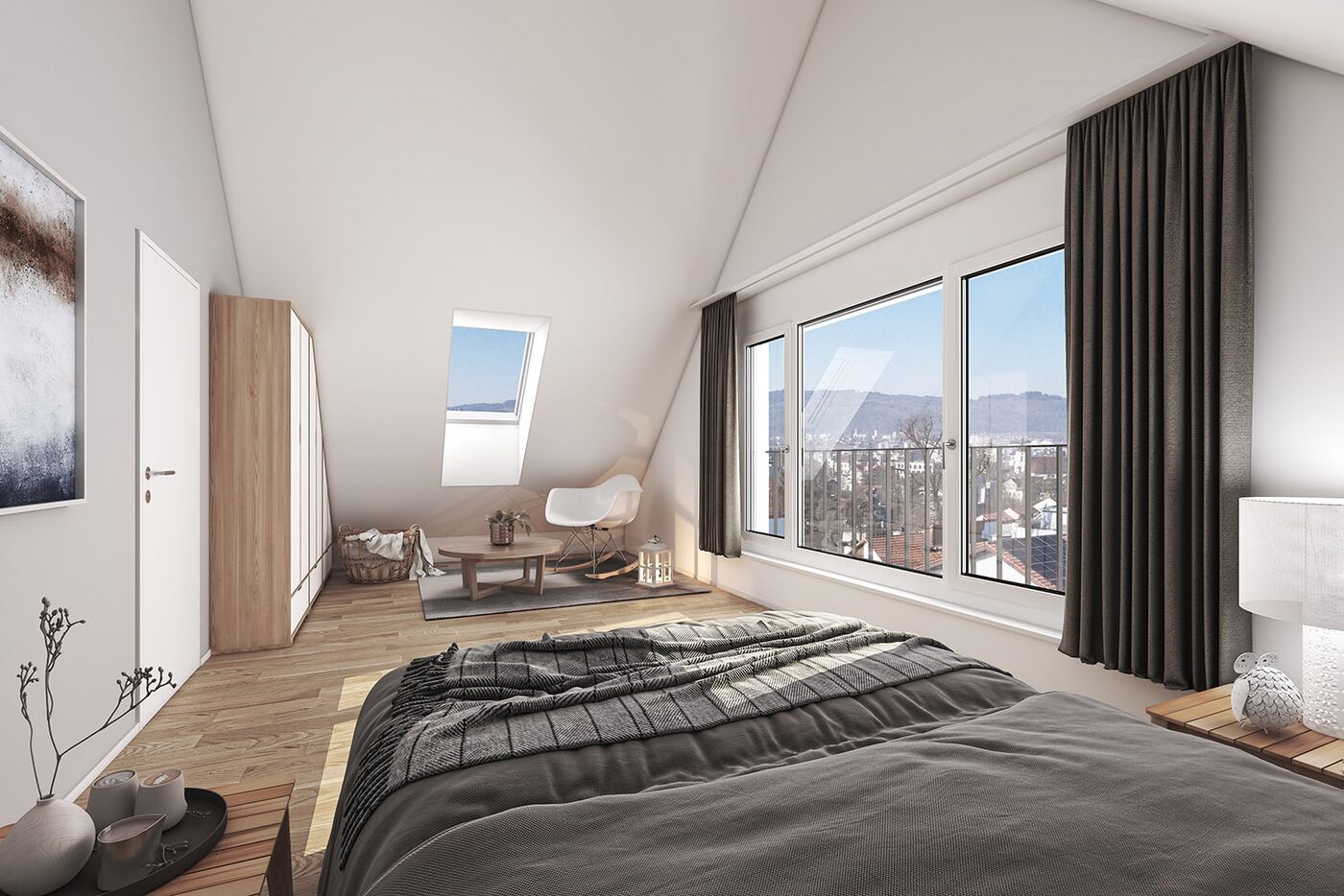 Helles Dachgeschoss-Schlafzimmer mit Panoramafenster