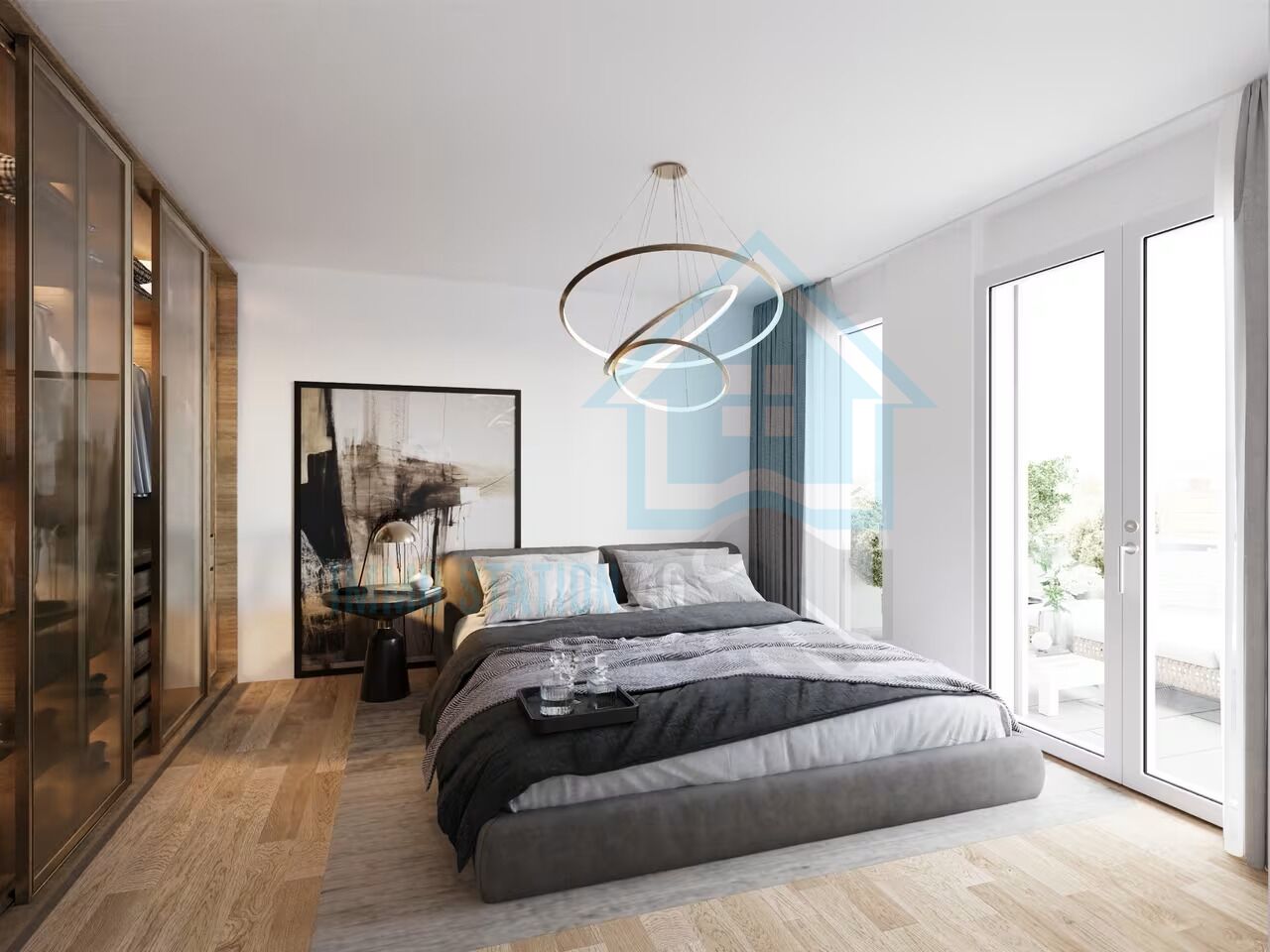 Modernes Schlafzimmer mit Balkonzugang