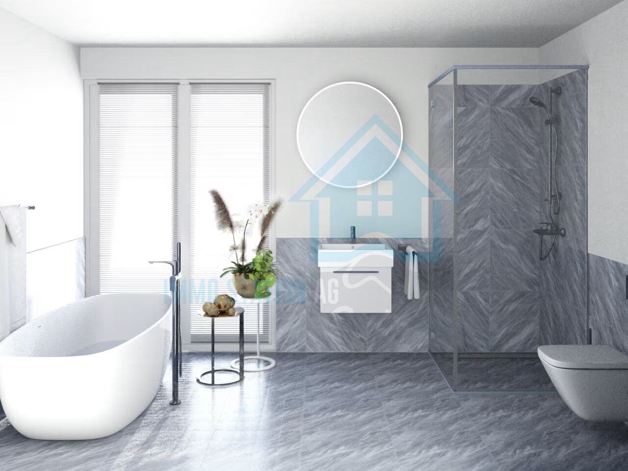 Modernes Badezimmer mit freistehender Wanne und Walk-in-Dusche