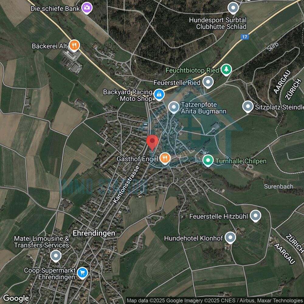 Luftaufnahme einer Kartenansicht mit markiertem Standort