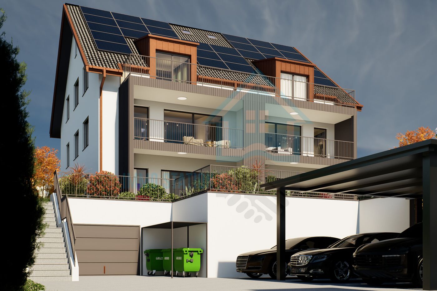 Modernes Mehrfamilienhaus mit Solardach und Tiefgarage