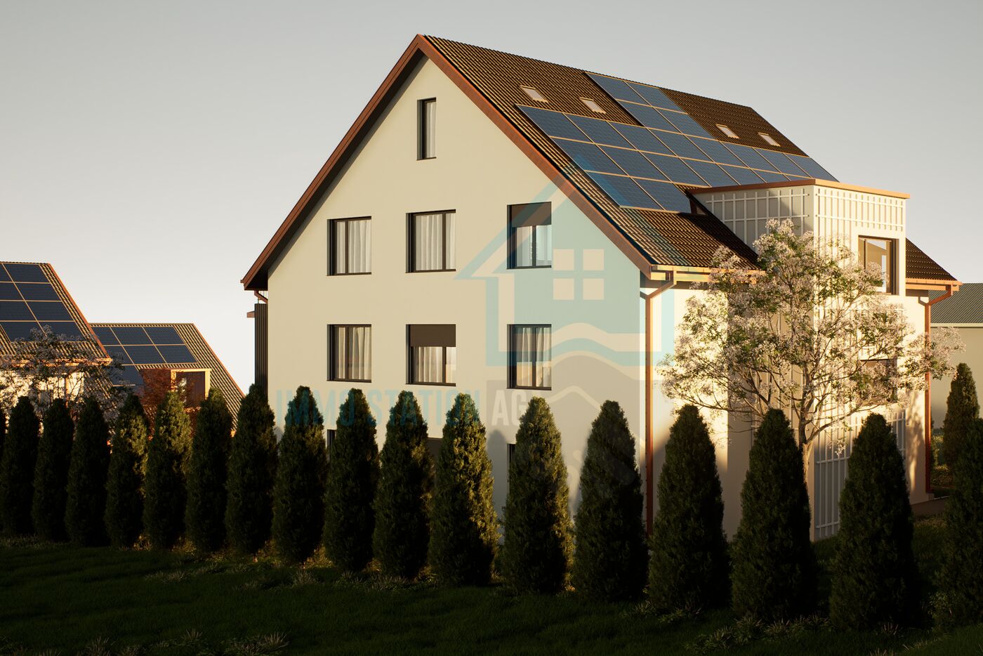 Moderne Einfamilienhaus-Ansicht mit Solardach
