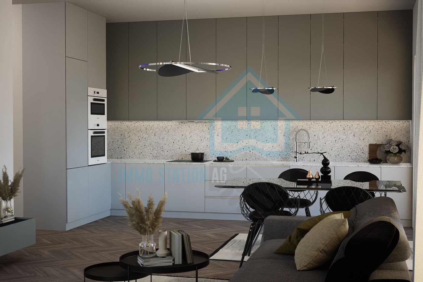Offene Designküche mit Wohnbereich