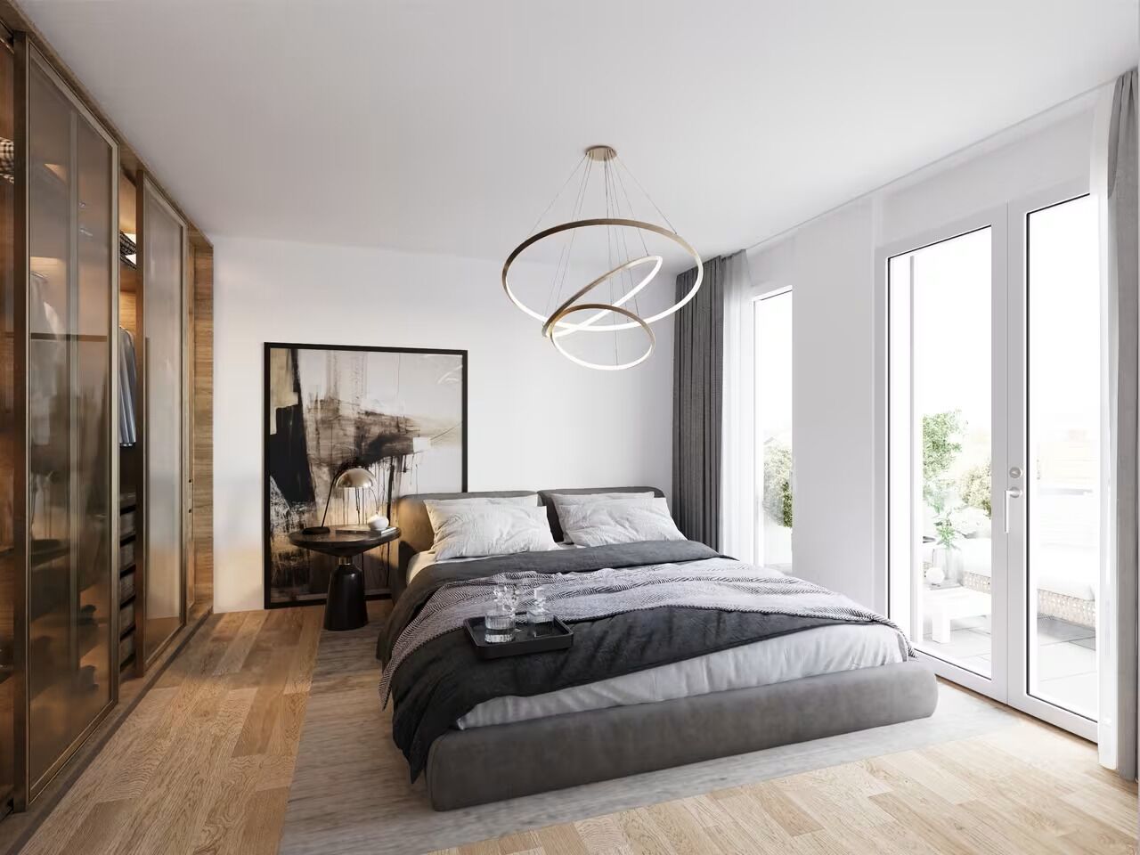 Modernes Schlafzimmer mit begehbarem Kleiderschrank und Tageslicht