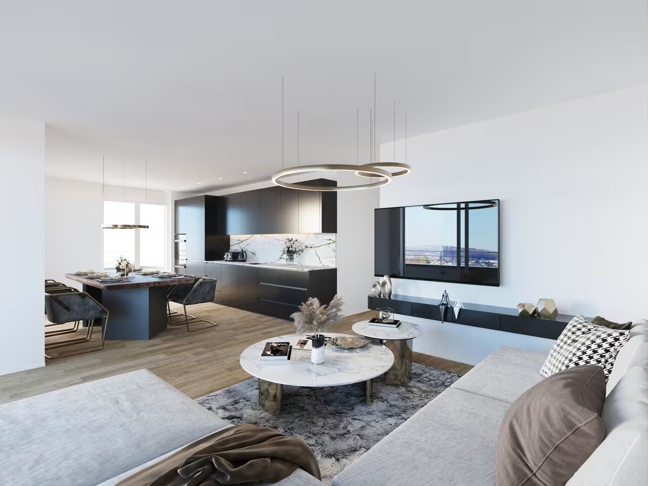 Offener Wohn-, Ess- und Küchenbereich in modernem Design