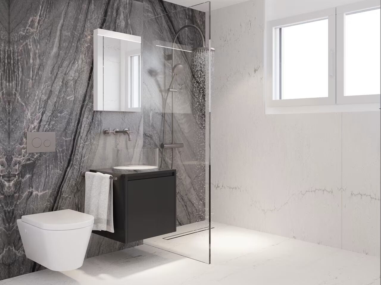 Modernes Badezimmer mit Walk-in-Dusche und WC
