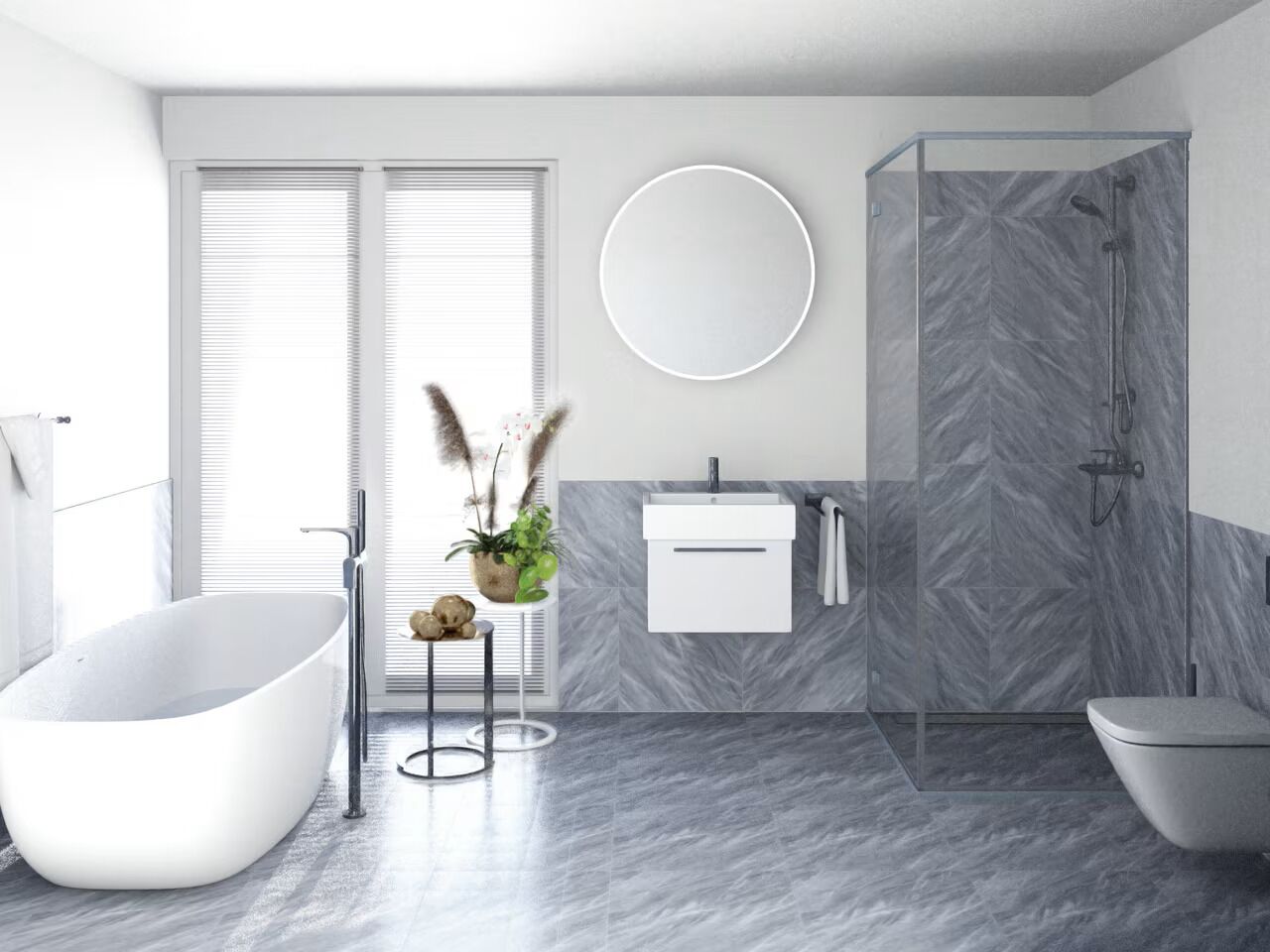 Modernes Bad mit freistehender Wanne und begehbarer Dusche