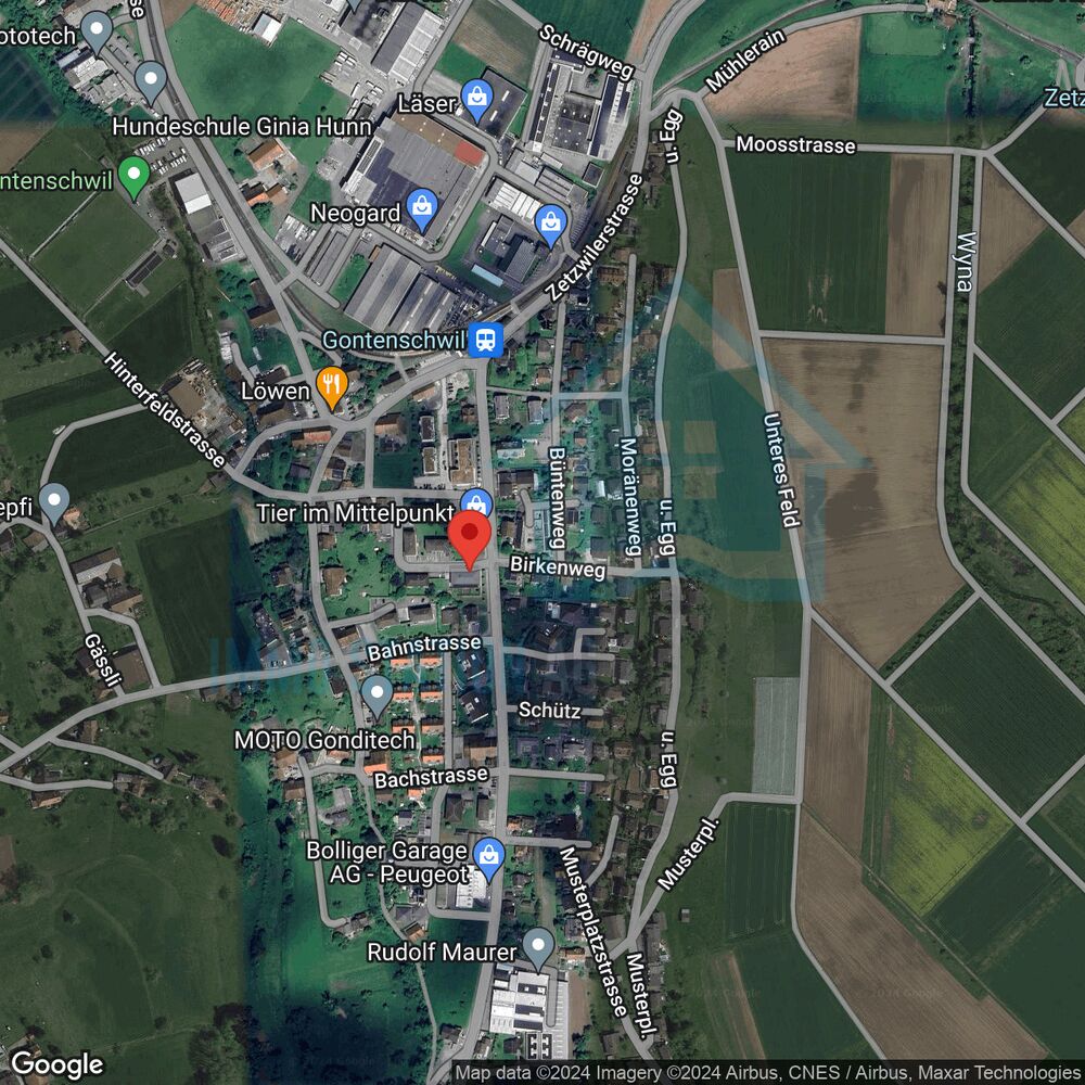 Satellitenkarte eines Ortes in ländlich-urbaner Umgebung