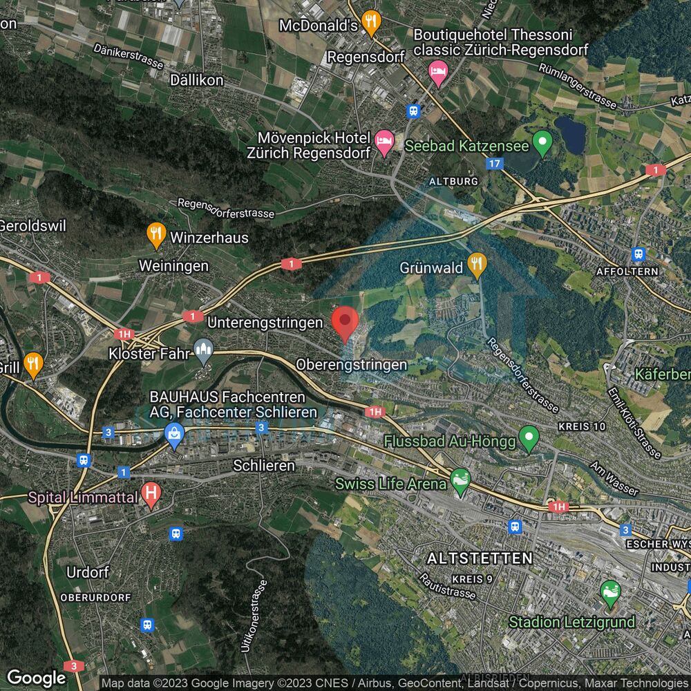 Satellitenkarte mit markierter Lage im Raum Zürich