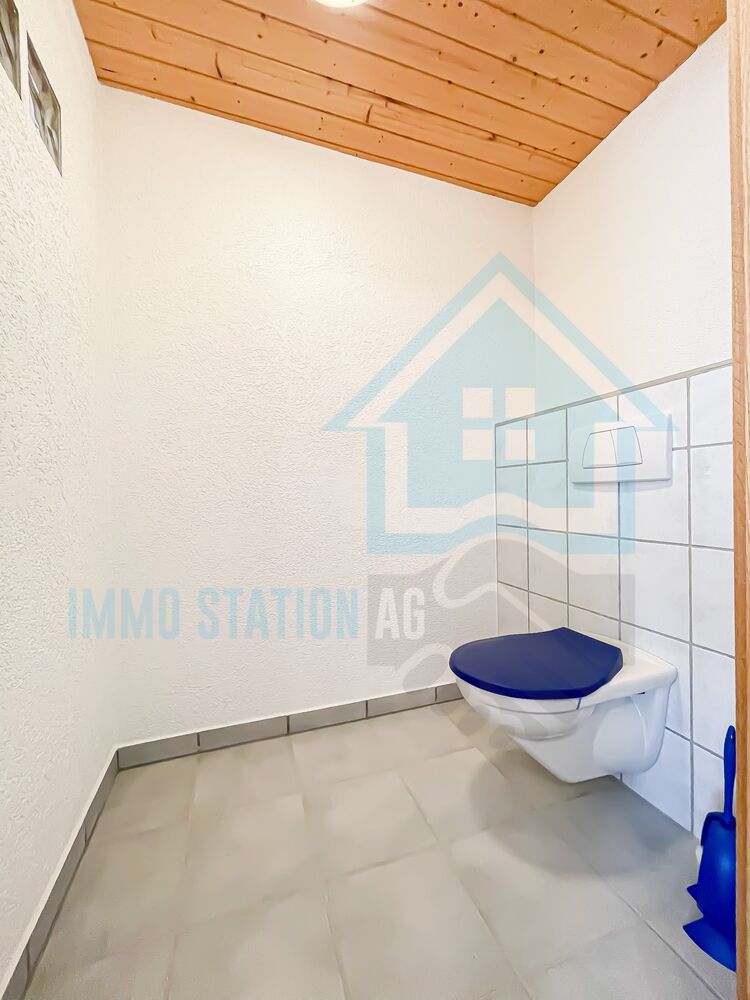 Gäste-WC mit Holzdecke und Wand-WC