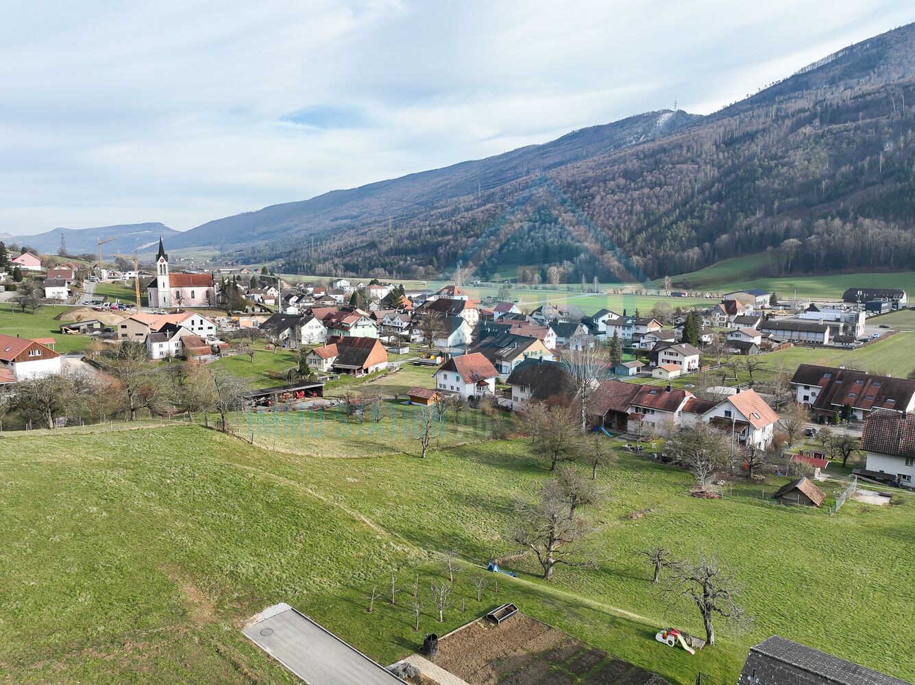 Dorfpanorama mit Bergkulisse