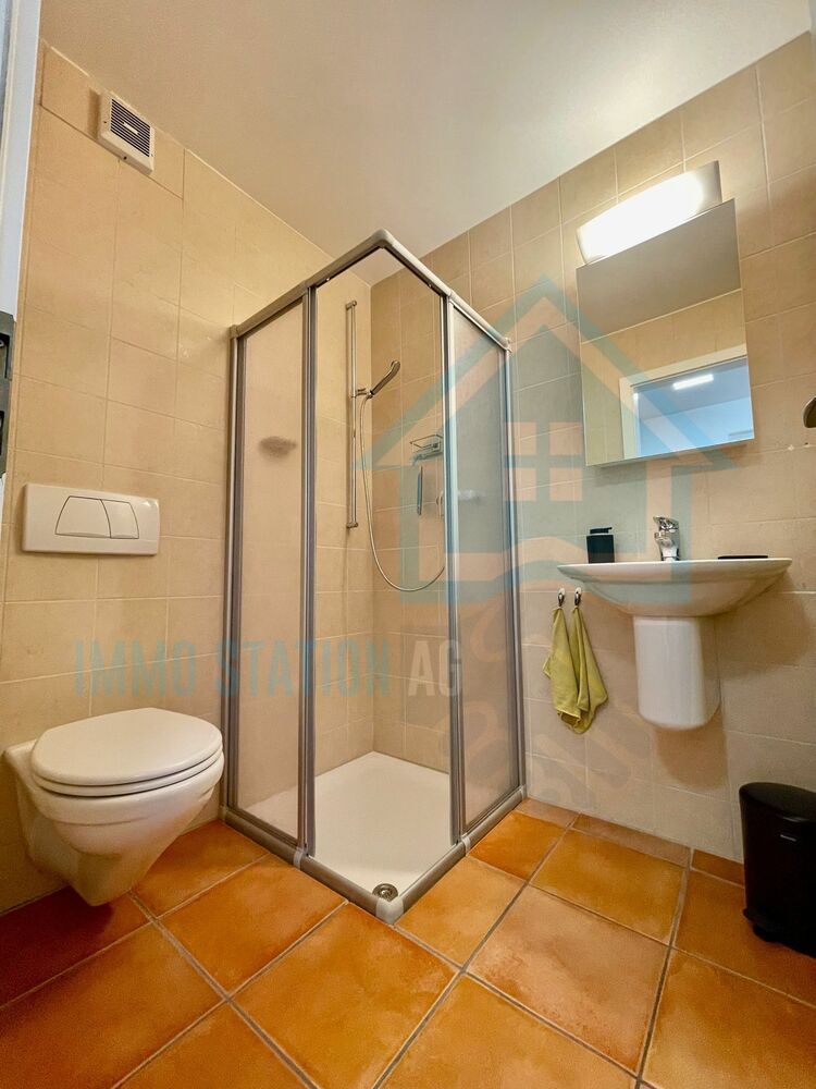 Kleines Badezimmer mit Dusche, WC und Waschbecken
