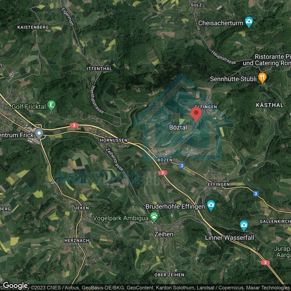 Satellitenkarte einer ländlichen Region mit Ortspins