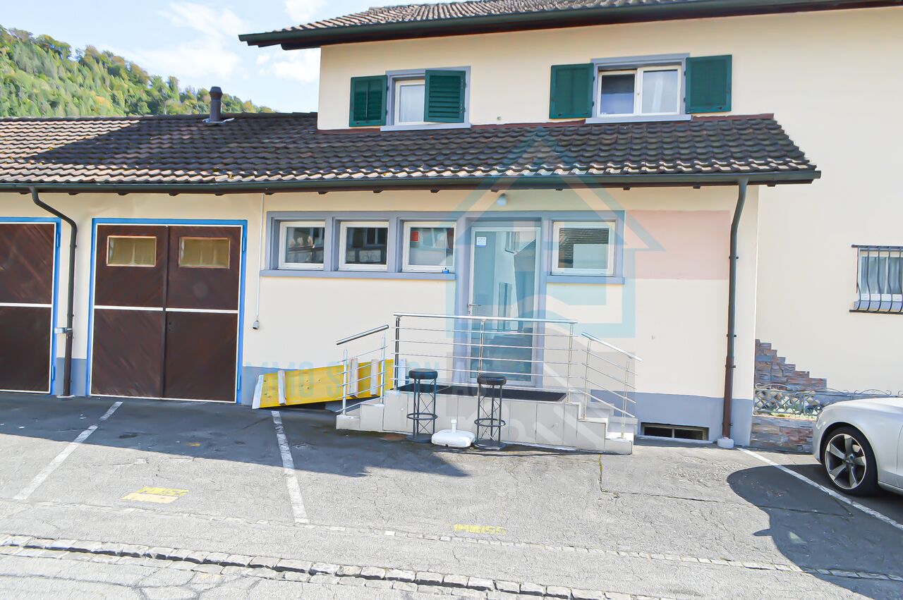 Außenansicht eines Wohnhauses mit Garage und Eingangsbereich
