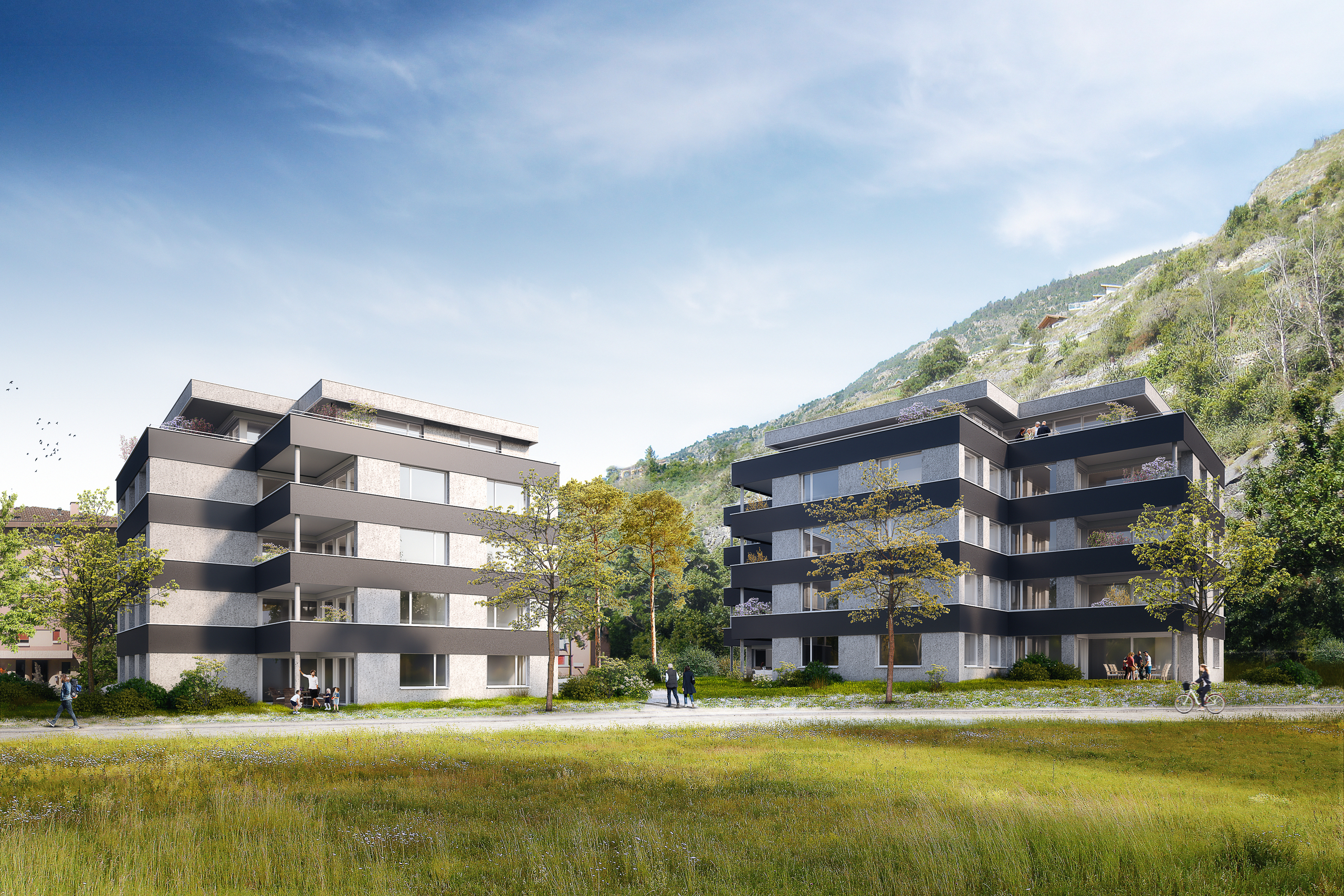 Moderne Wohnanlage in alpiner Landschaft