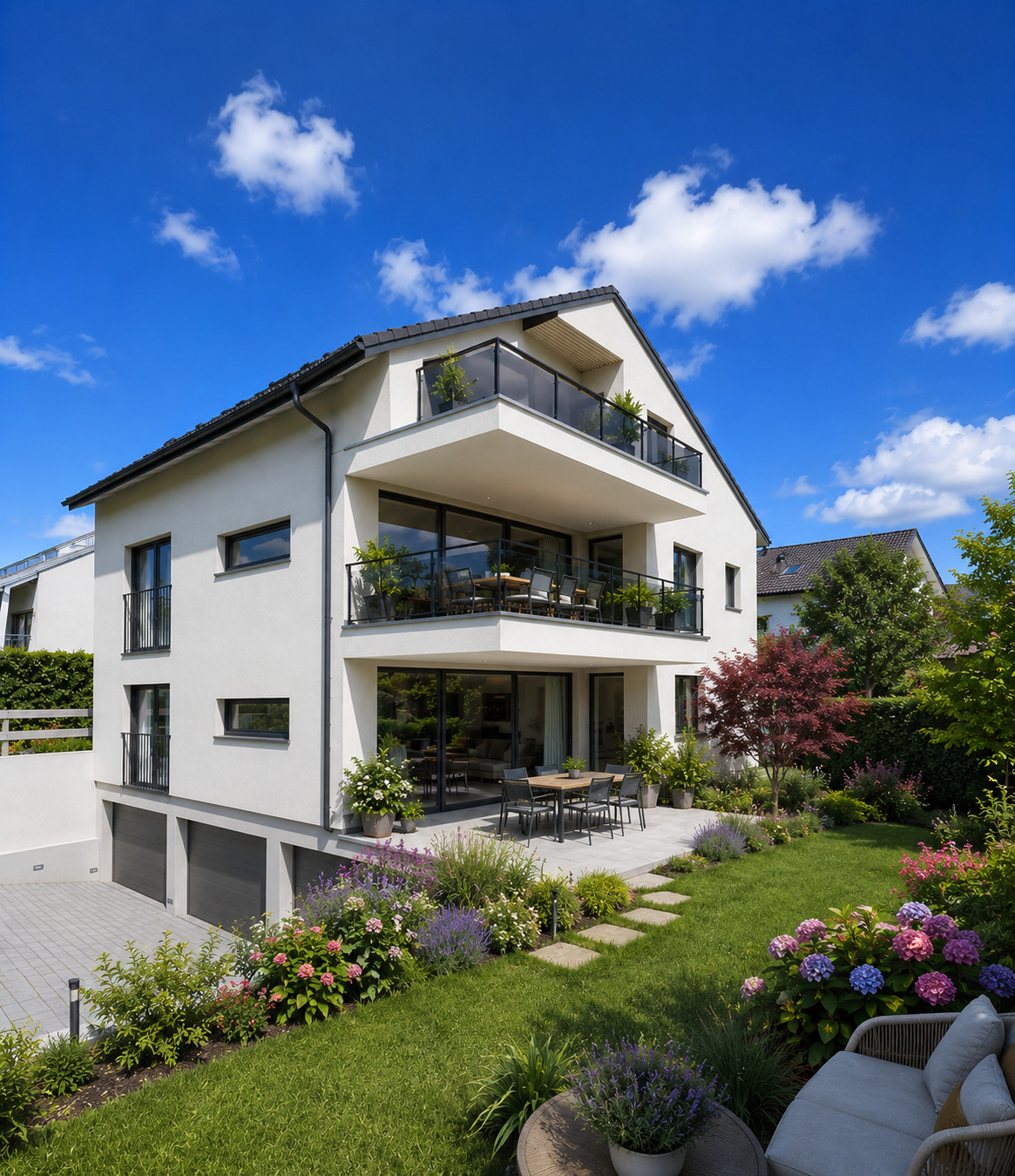 Modernes Mehrfamilienhaus mit Garten und Terrassen