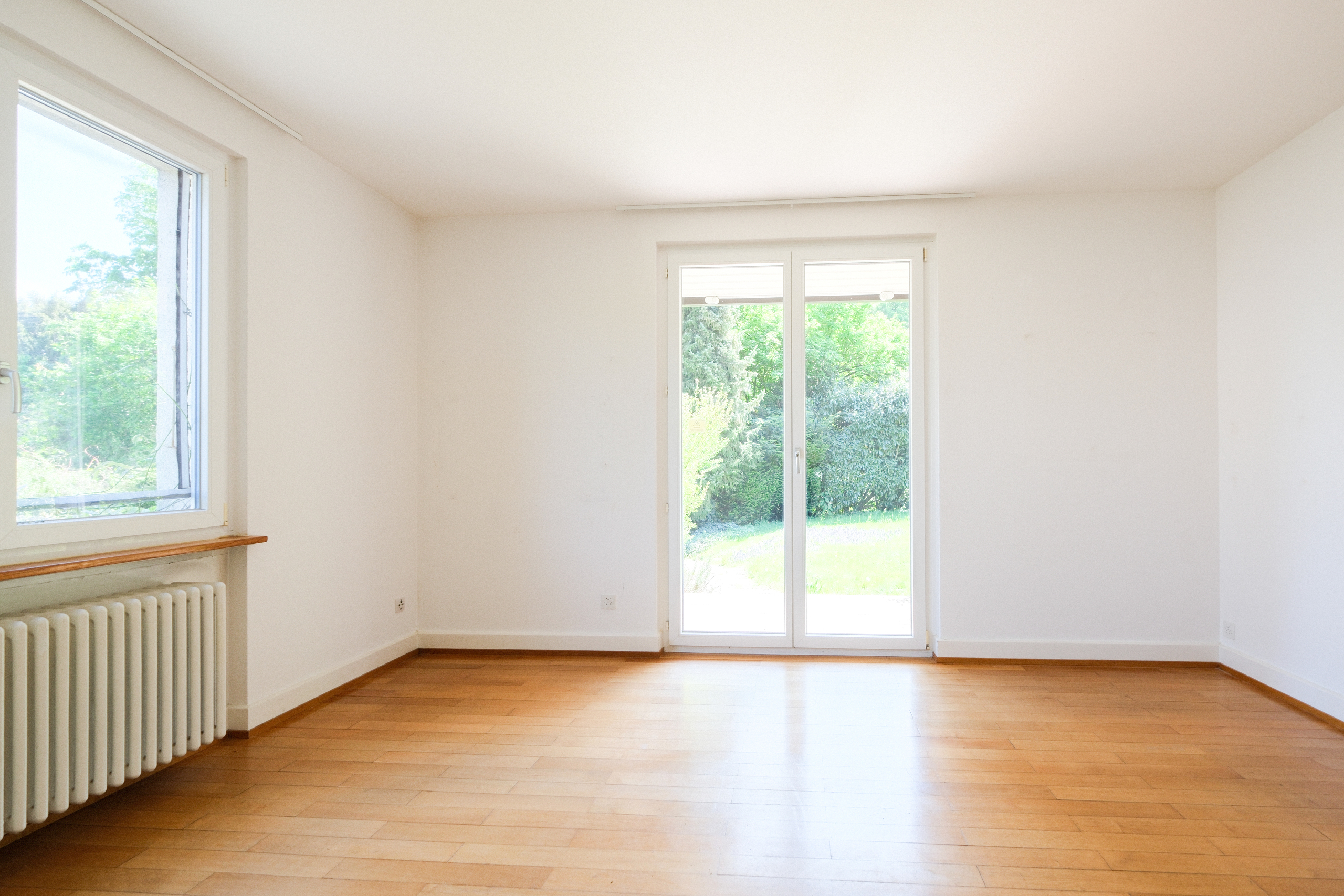 Leerer, heller Raum mit Gartenblick