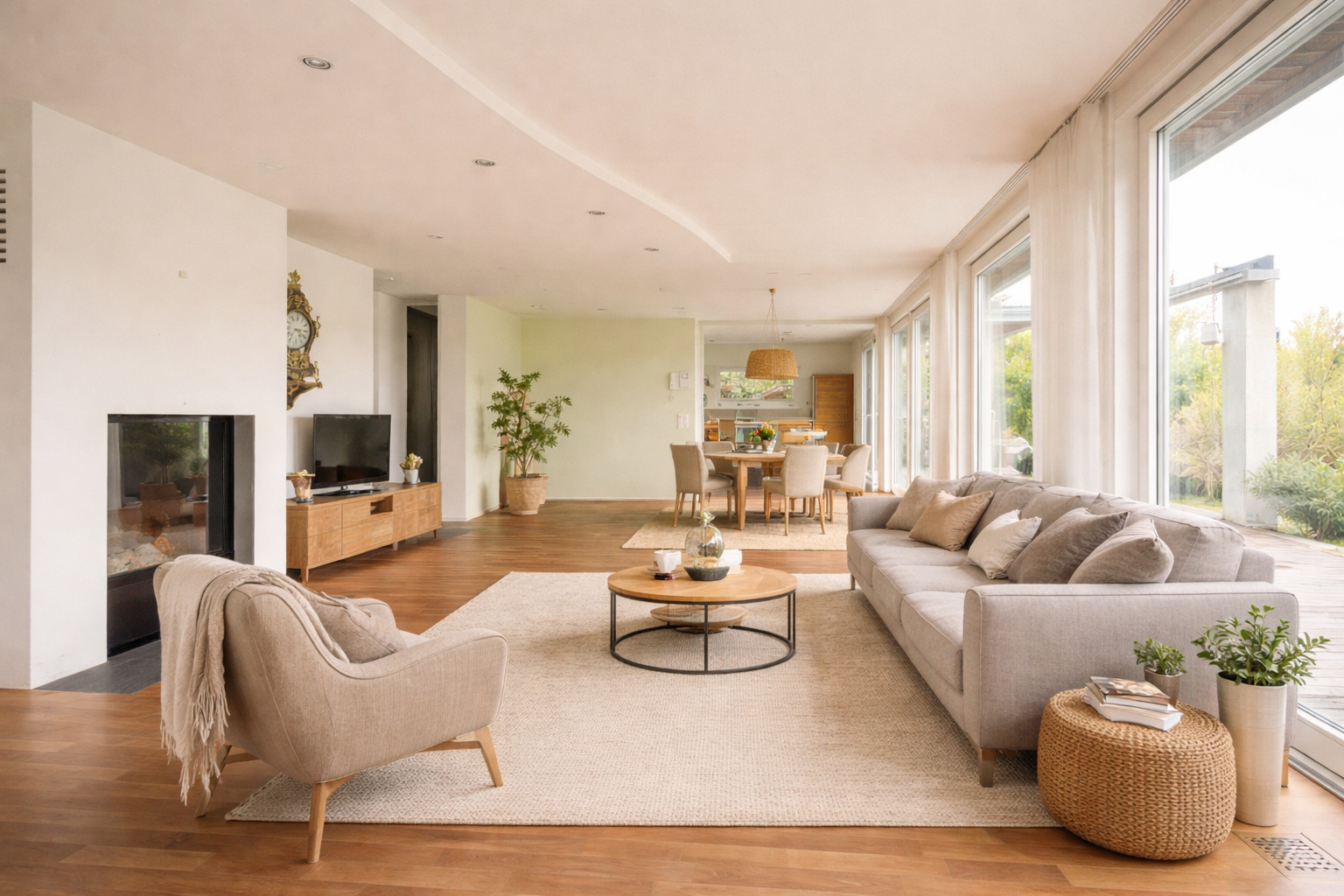 Helles offenes Wohn-Esszimmer mit Panoramafenstern